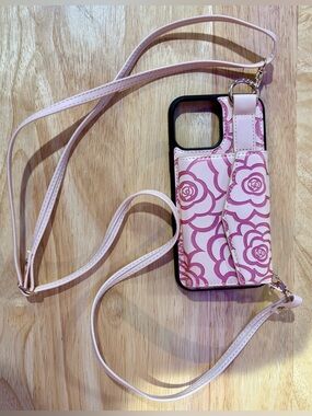 iPhone 13 Pro Max Crossbody Wallet Phone Case Pink Floral Card Holder Strap